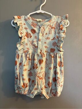 kate quinn Light Blue Romper with Rust Floral Deer Print